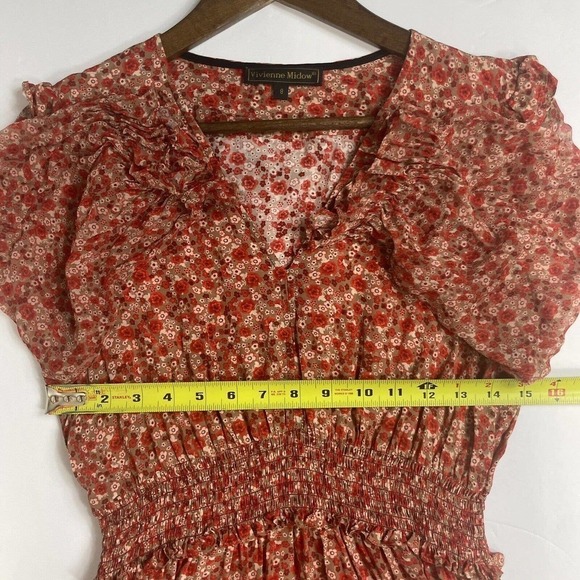 Vivienne Midow Dress Size 8‎ 100% Silk Red Orange Floral Ruffle Elastic Waist - Picture 5 of 8